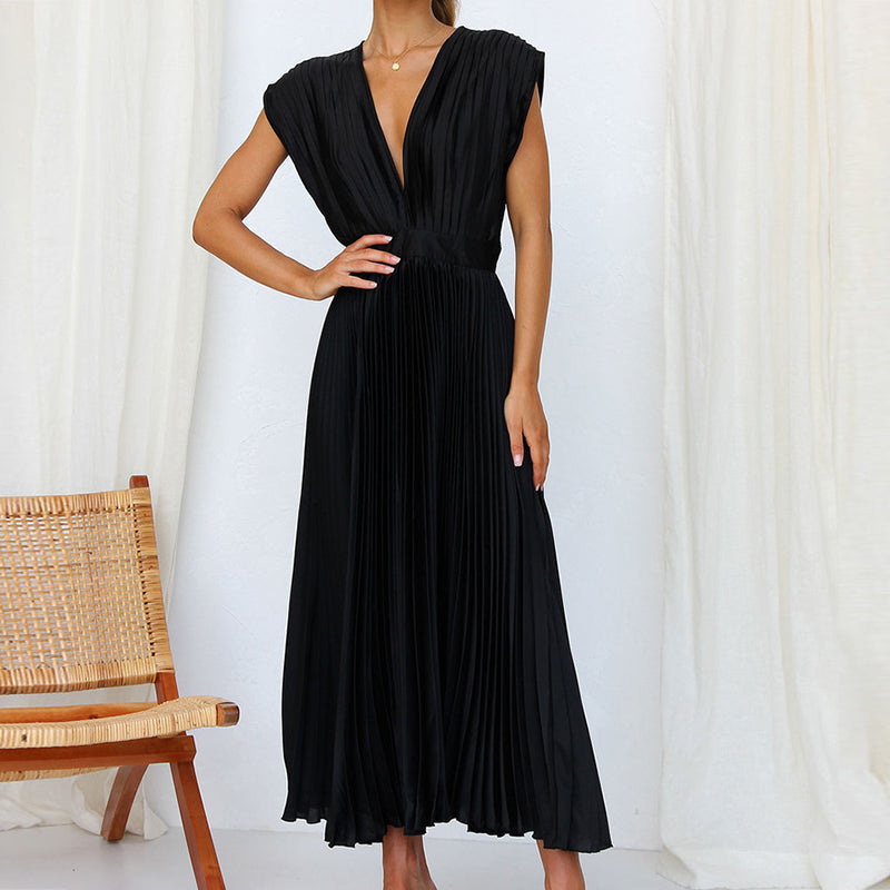 Elena | Women's Pleated V-Neck Flowing Midi Dress