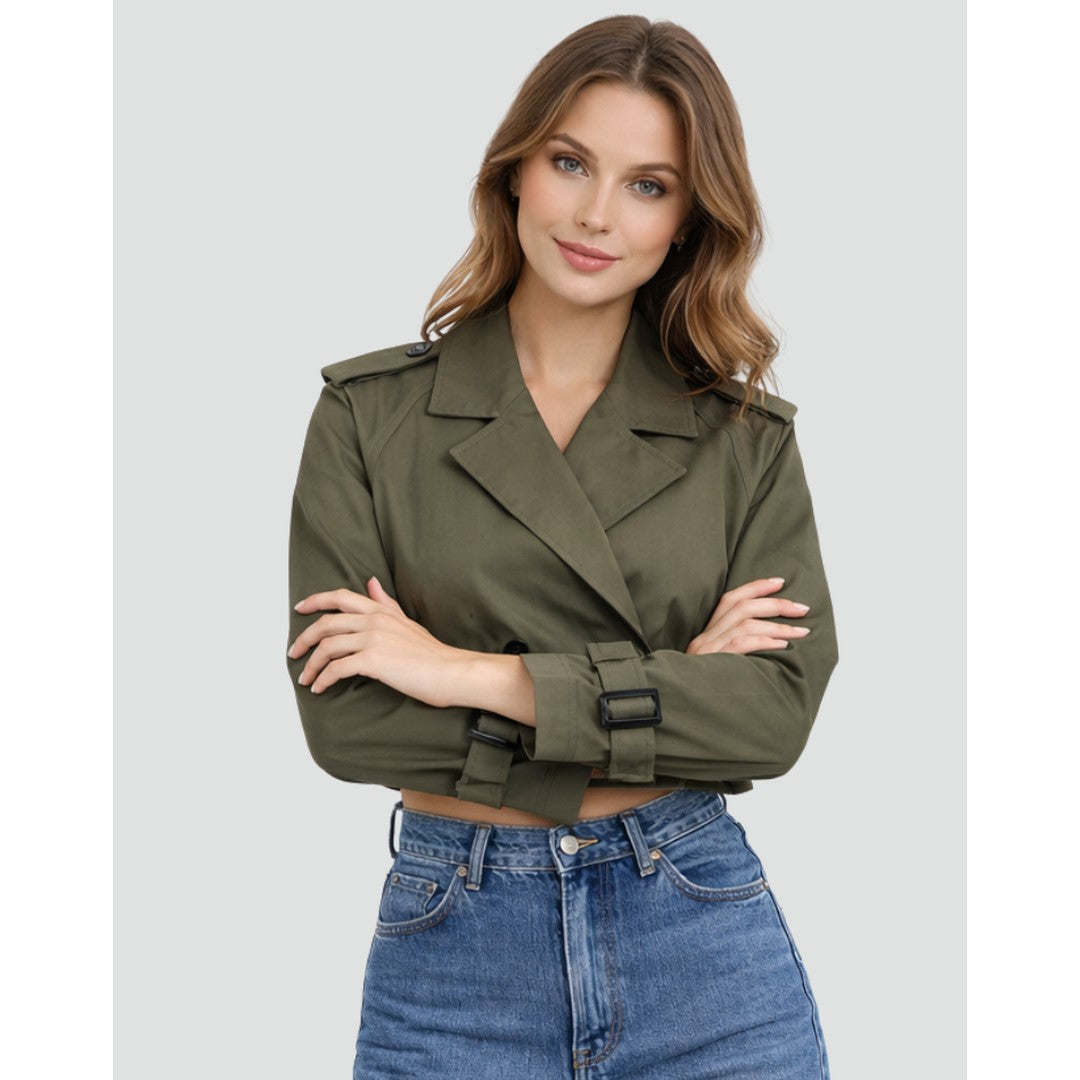 Woman wearing the Diana women's regular-fit cotton classic trench coat, flatlay view