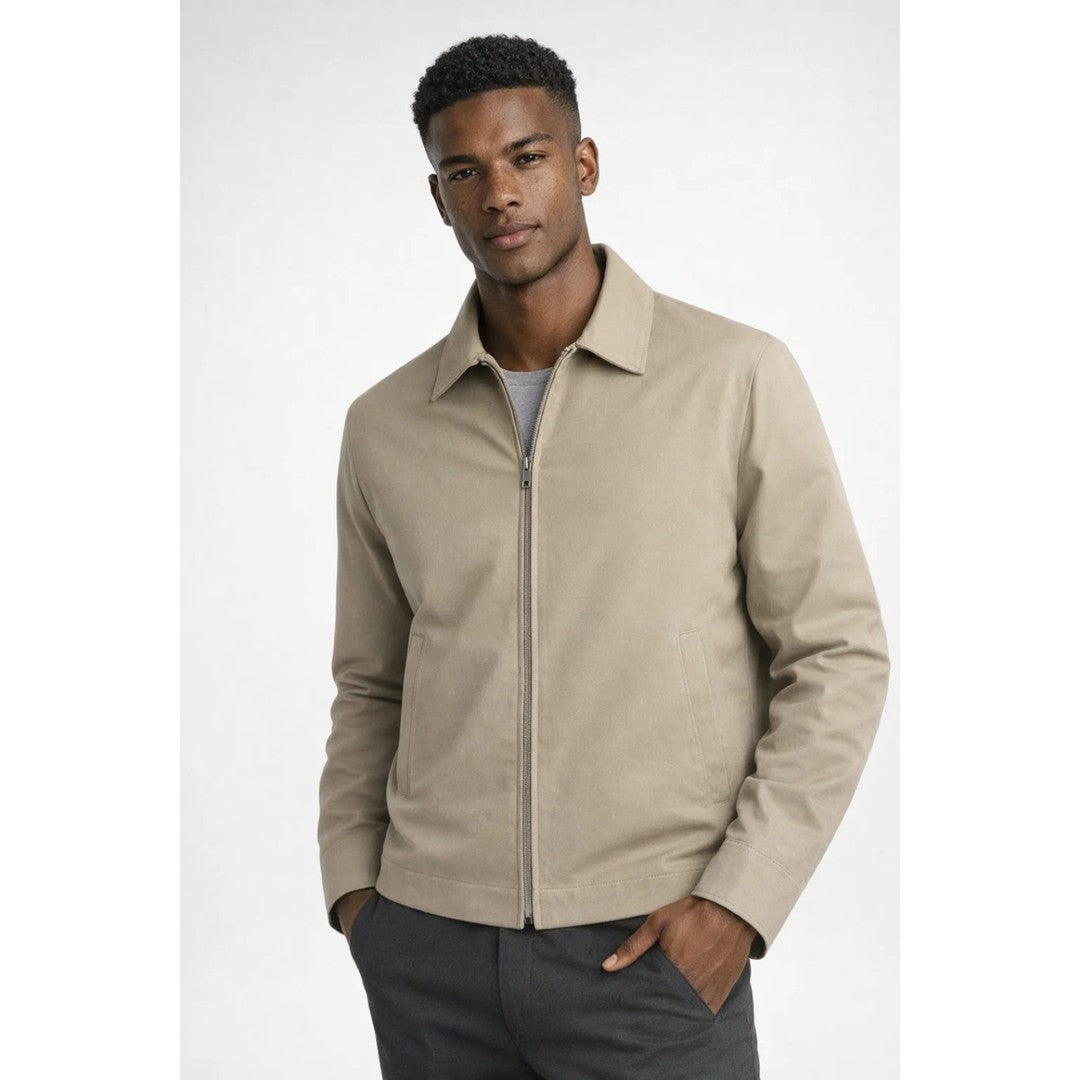 Man wearing the Diego men's slim-fit collared zip-up jacket, back view