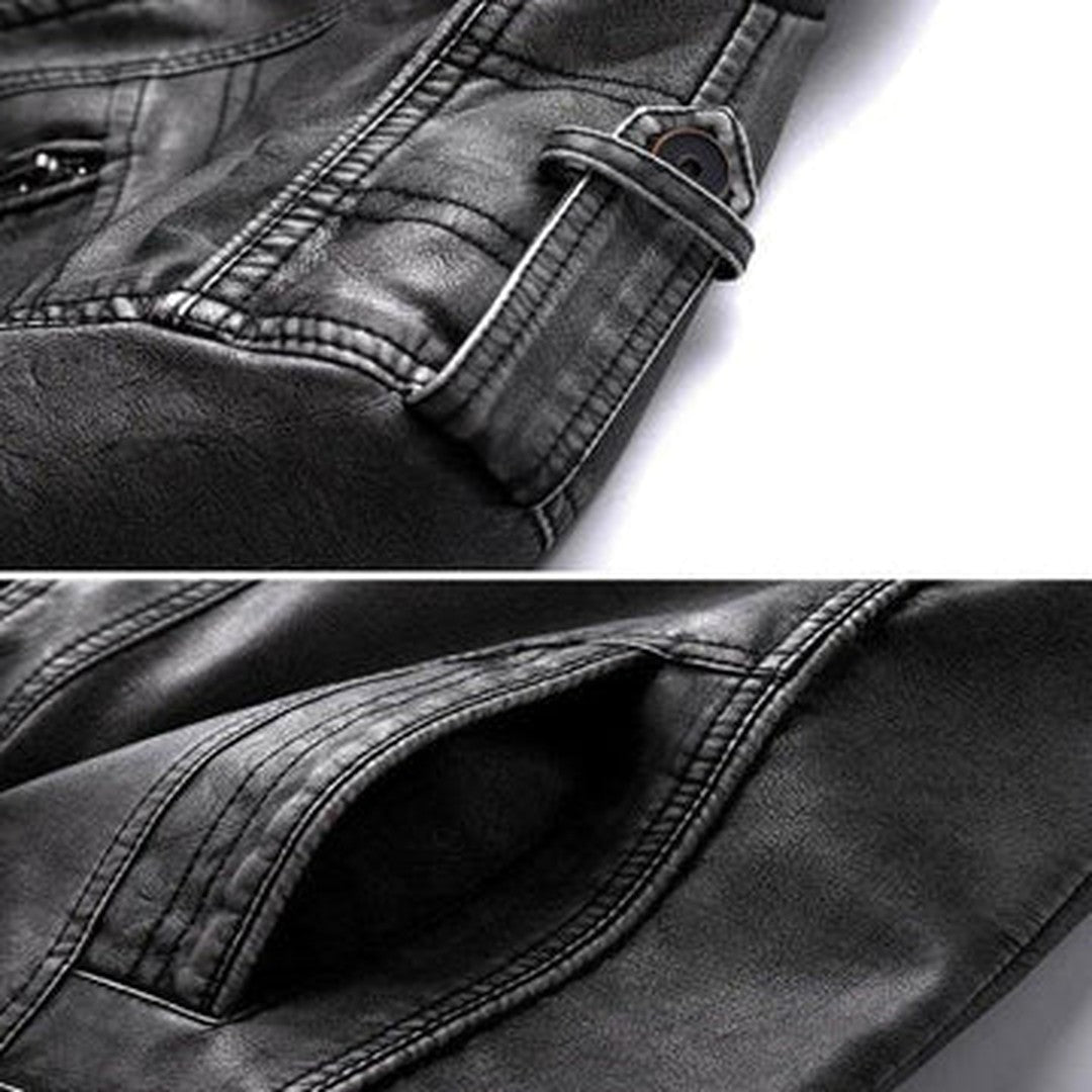 Man wearing the Donovan men's high-waist leather jacket, back view