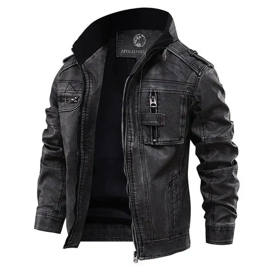 Man wearing the Donovan men's high-waist leather jacket, front view