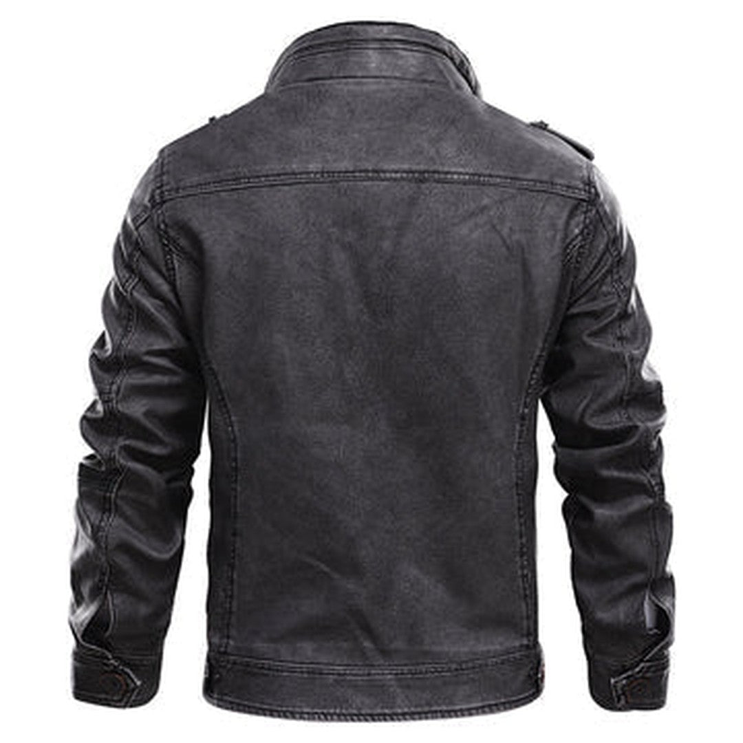 Man wearing the Donovan men's high-waist leather jacket, side view