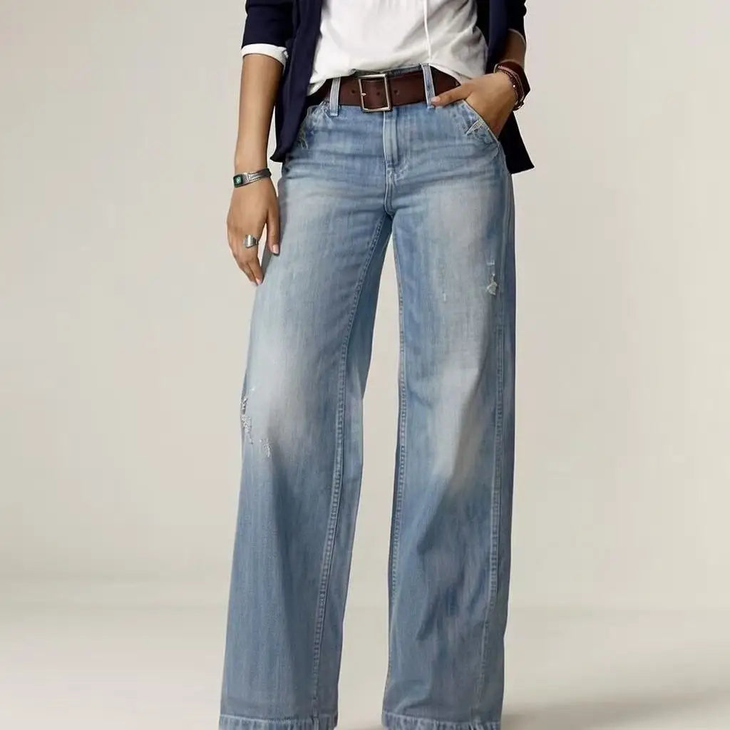 Clara | Women's Vintage Wash Wide Leg Denim Pants