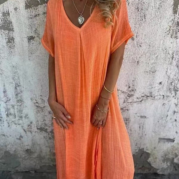 Sienna | Women's Relaxed V-Neck Short Sleeve Midi Dress