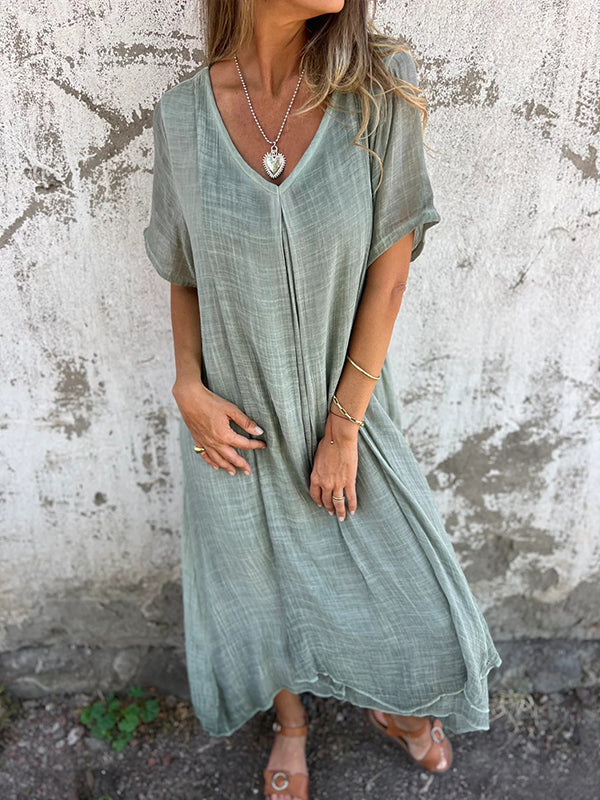 Sienna | Women's Relaxed V-Neck Short Sleeve Midi Dress