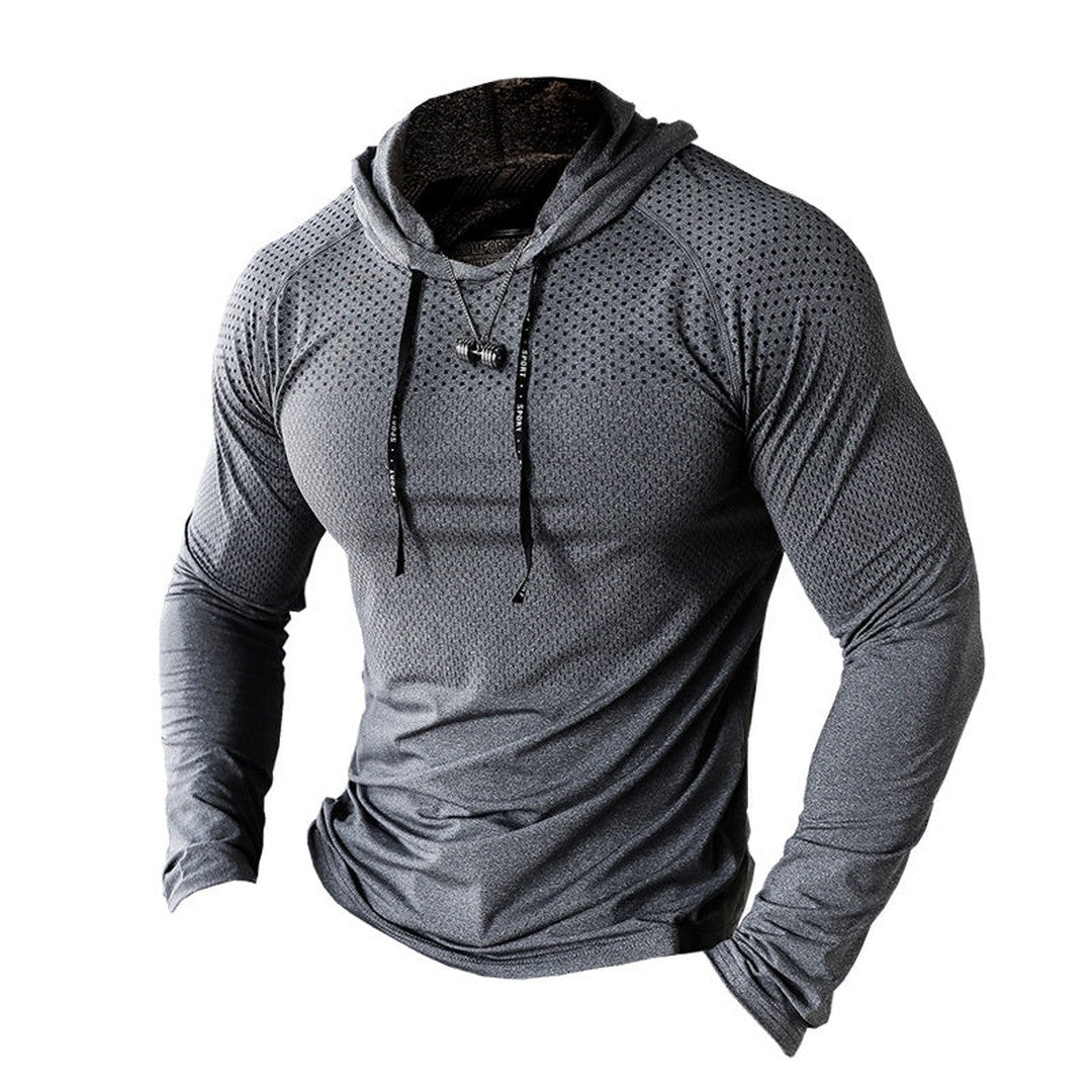 Man wearing the Duncan men's hooded sweater, back view