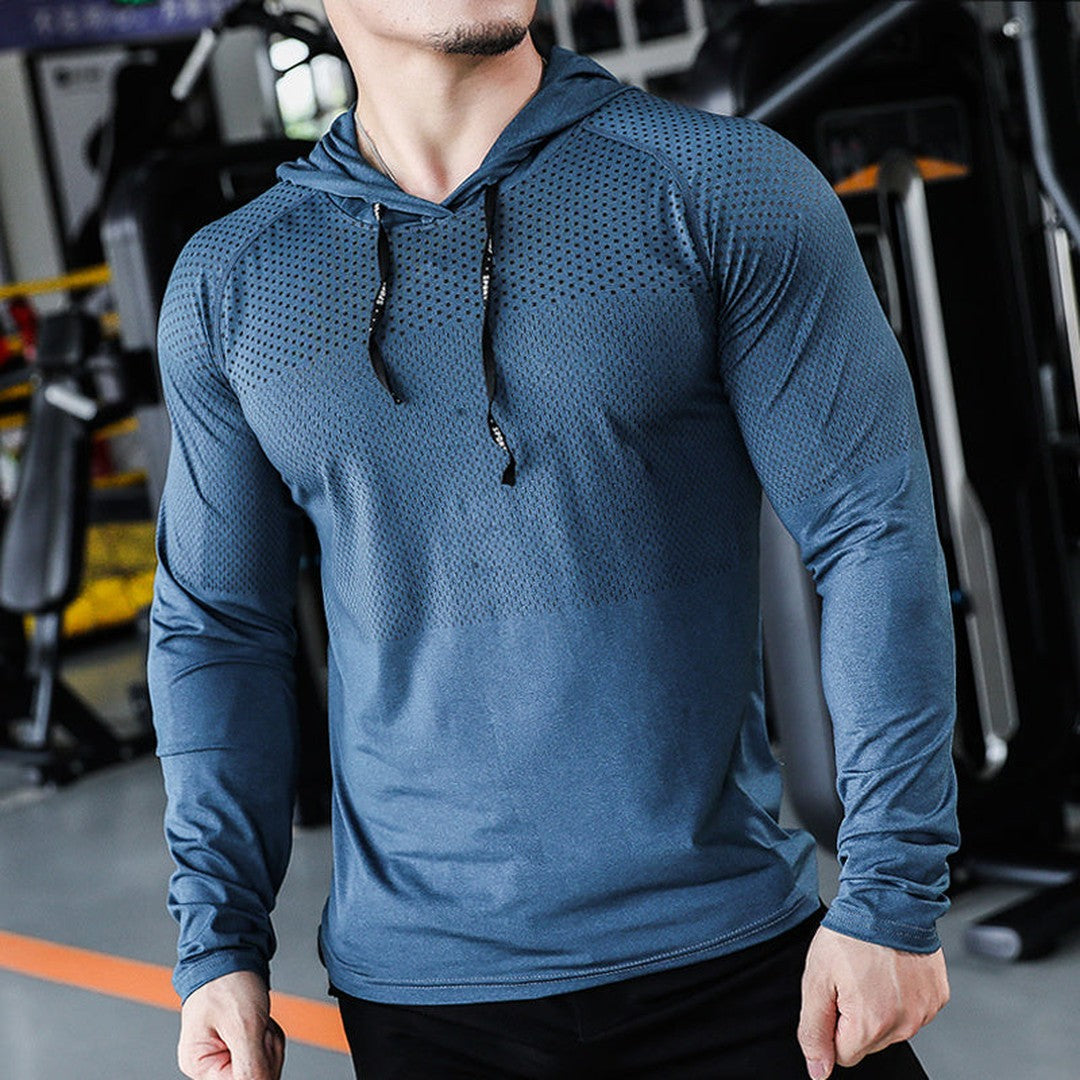Man wearing the Duncan men's hooded sweater, detail view
