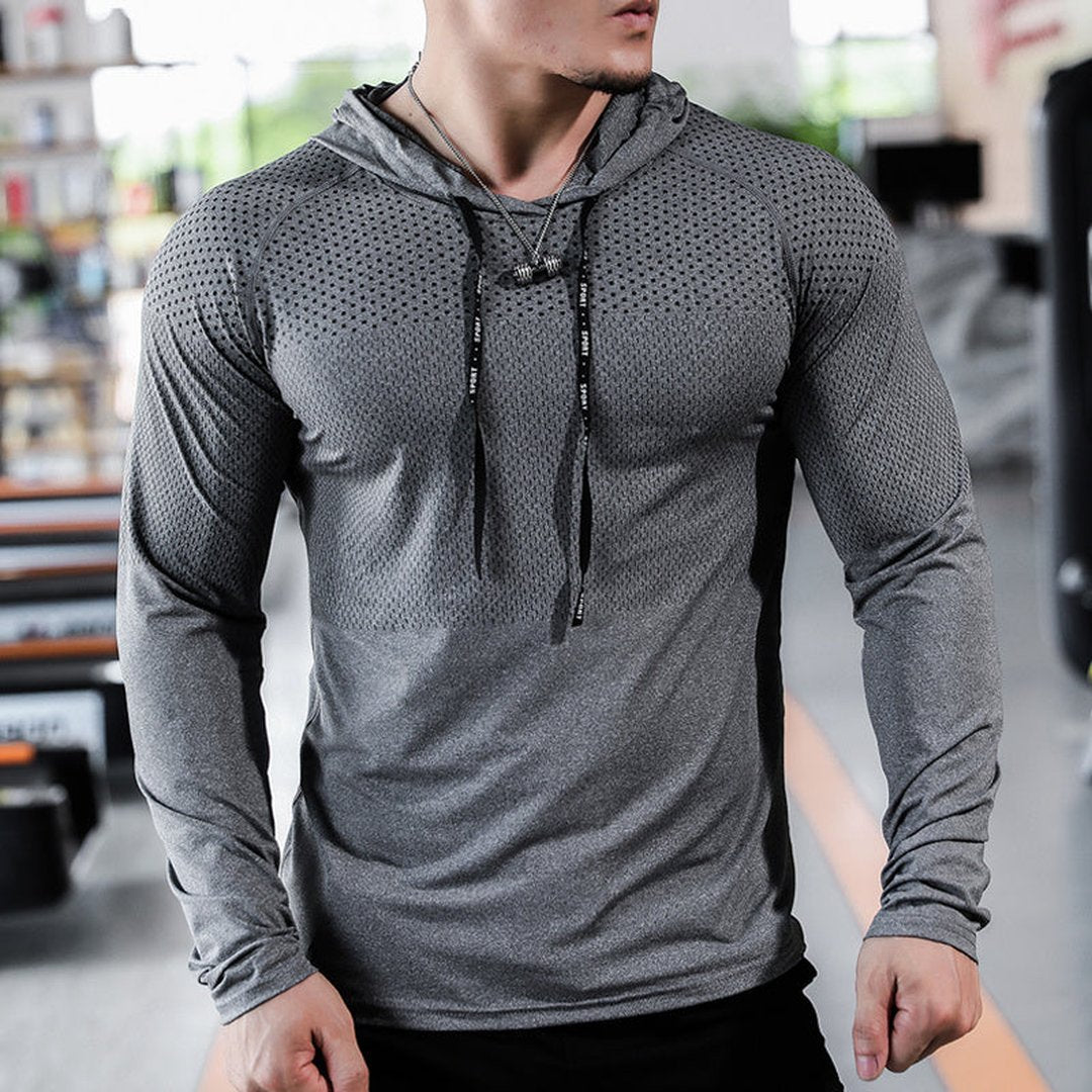 Man wearing the Duncan men's hooded sweater, front view