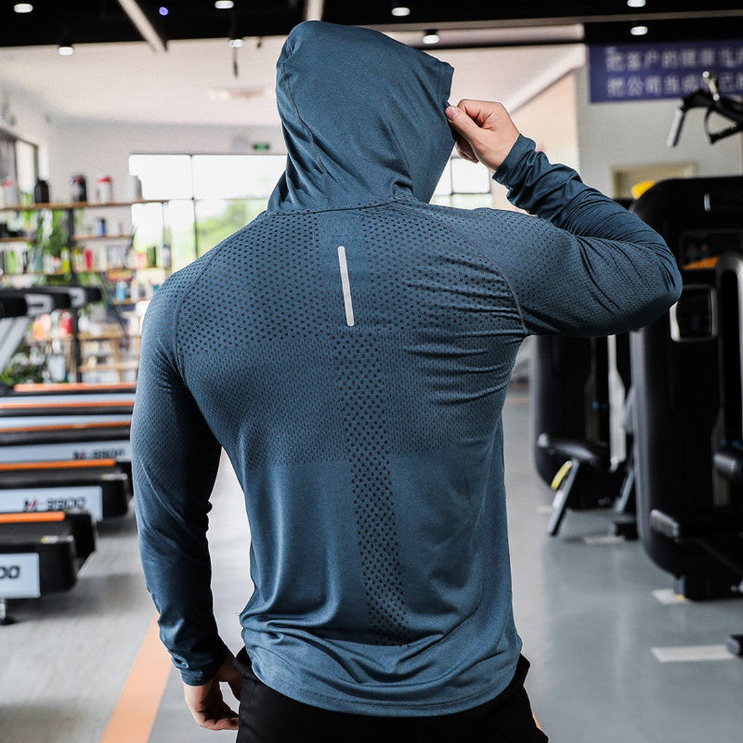 Man wearing the Duncan men's hooded sweater, side view