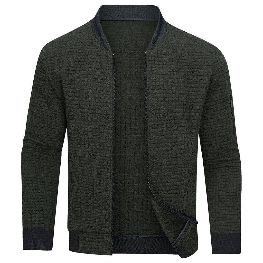 Man wearing the Dylan men's zip-up sweater, back view