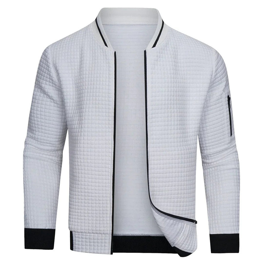 Man wearing the Dylan men's zip-up sweater, detail view