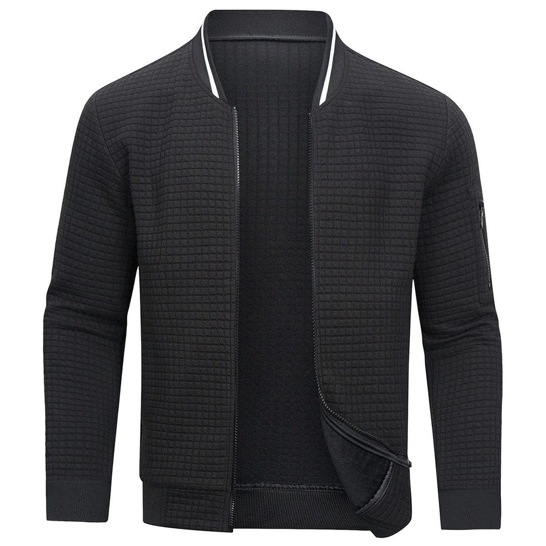 Man wearing the Dylan men's zip-up sweater, front view