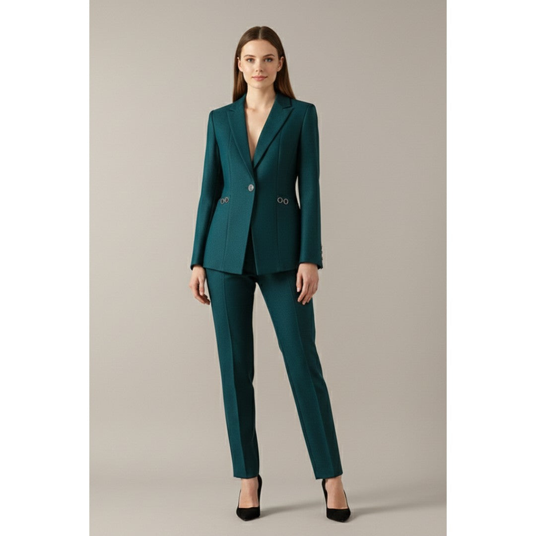 Woman wearing the Edith women's straight-leg button-up set, back view