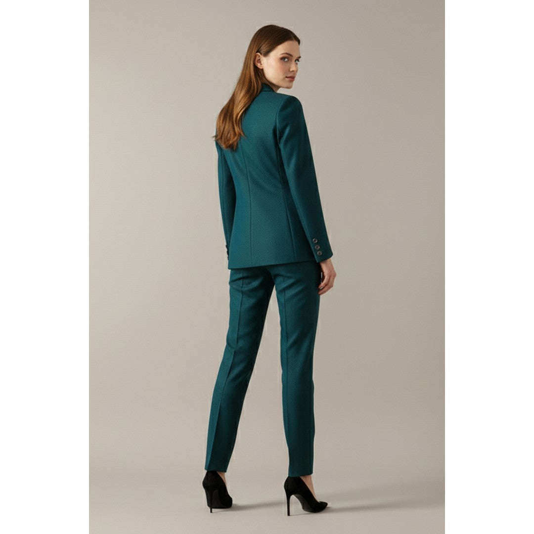 Woman wearing the Edith women's straight-leg button-up set, detail view