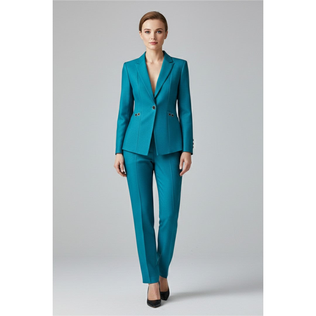 Woman wearing the Edith women's straight-leg button-up set, flatlay view