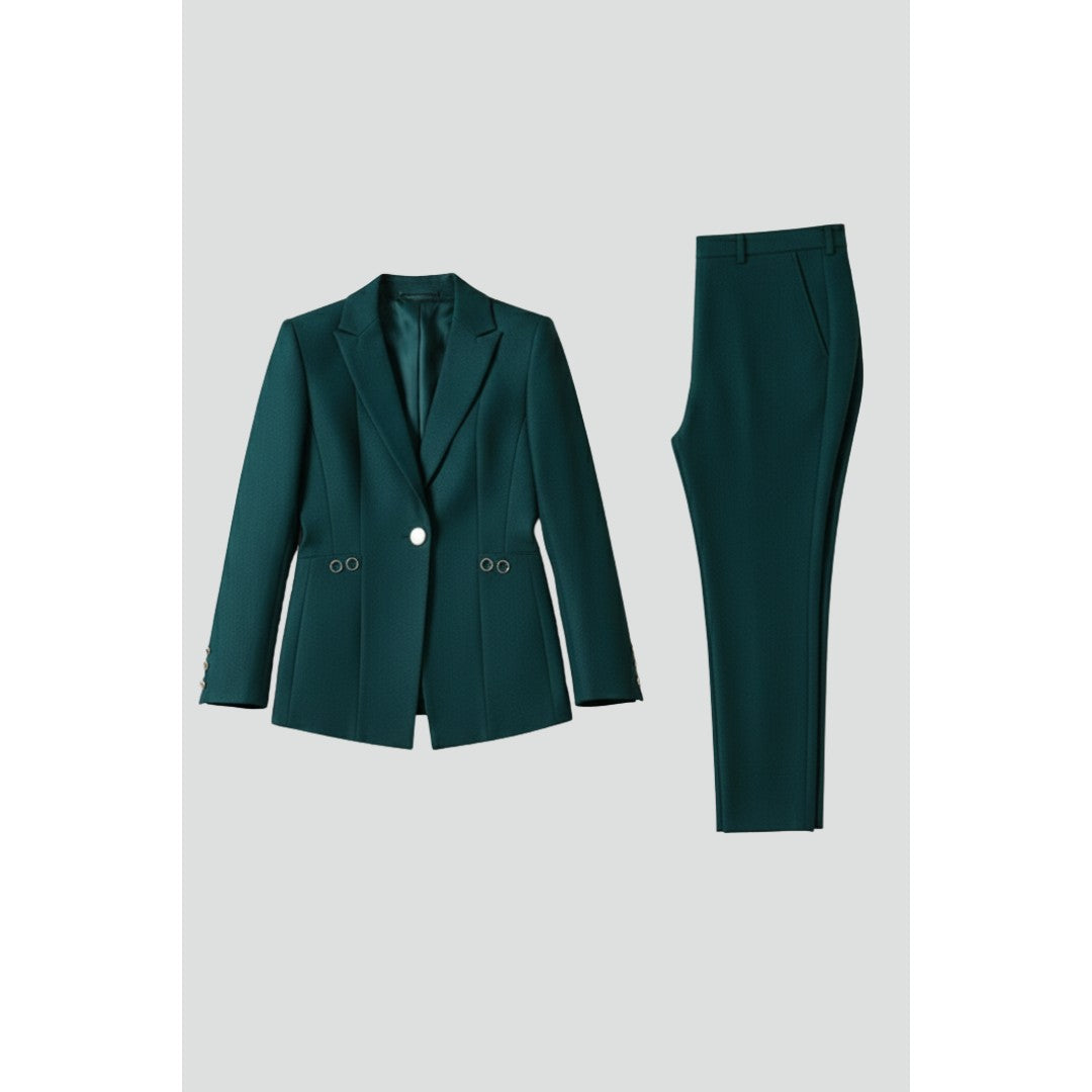 Woman wearing the Edith women's straight-leg button-up set, front view