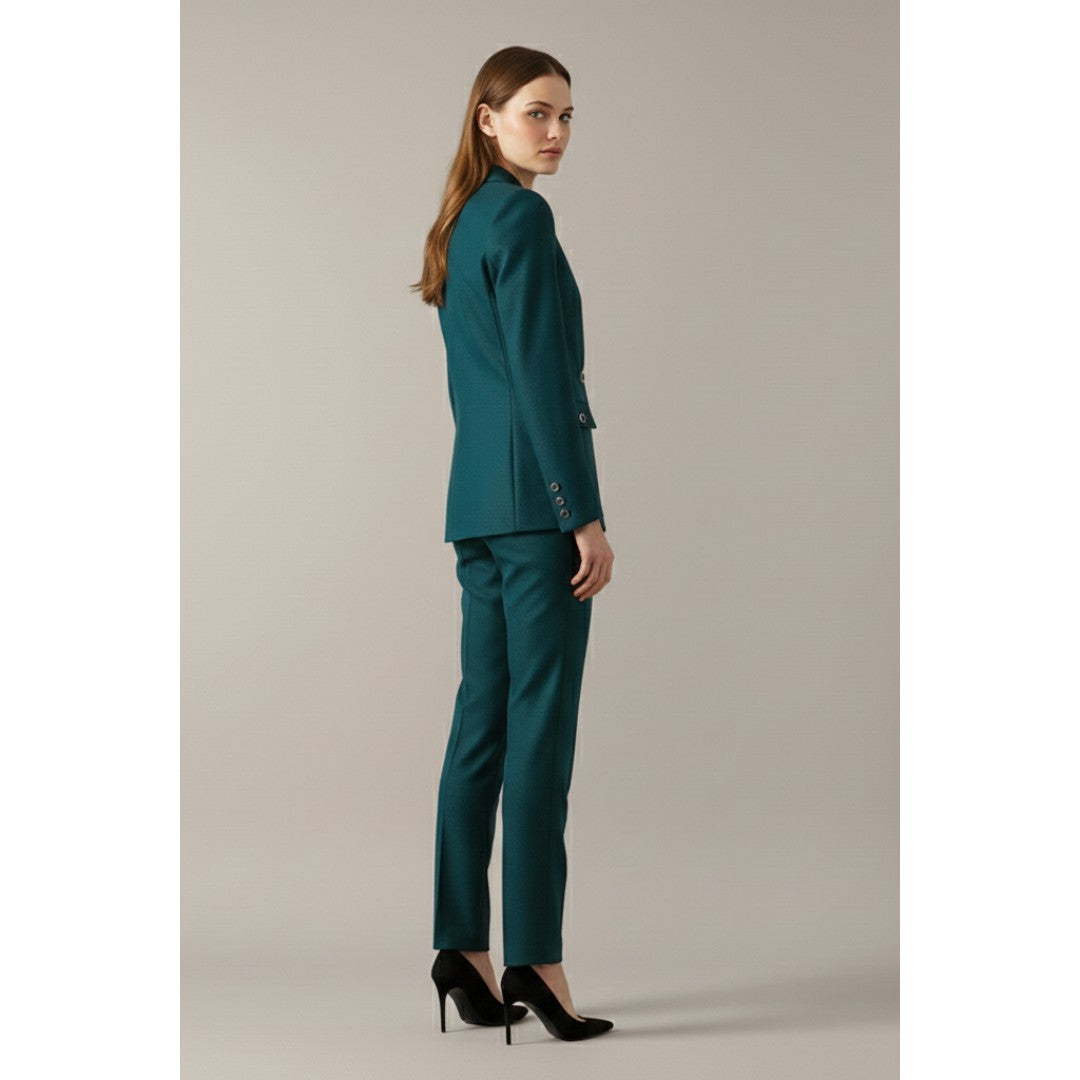 Woman wearing the Edith women's straight-leg button-up set, model view