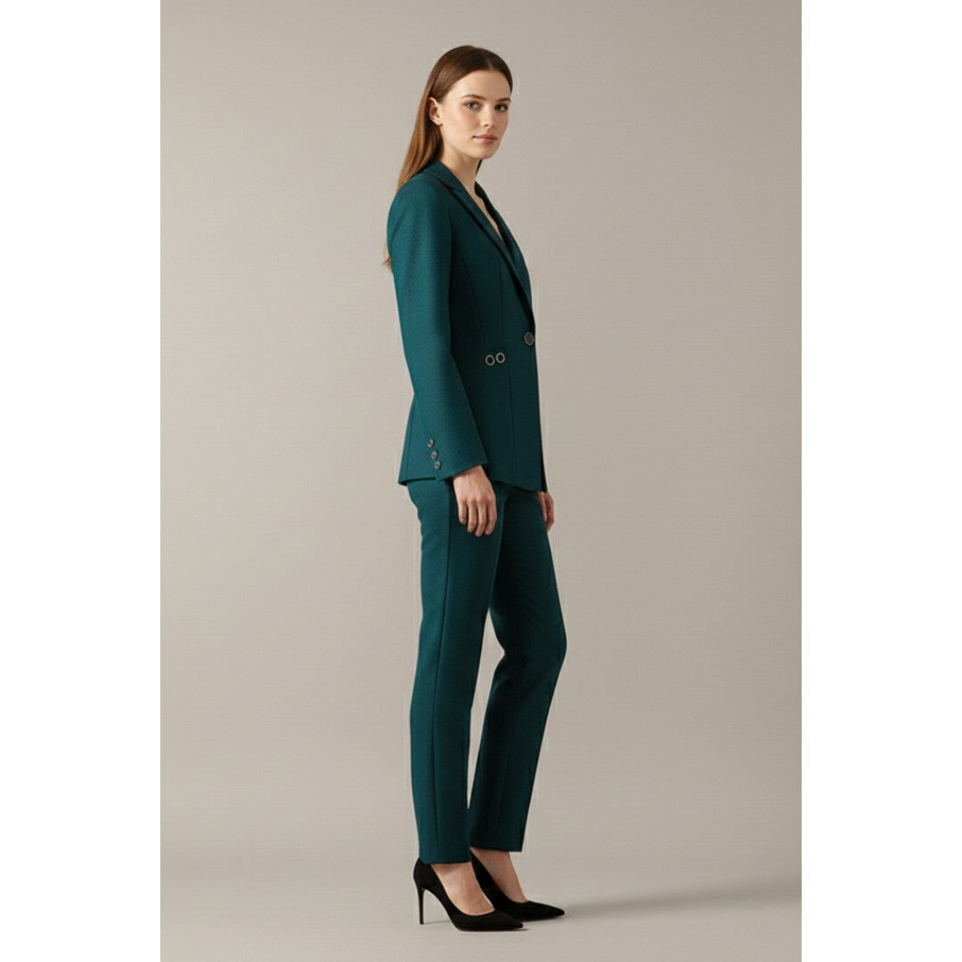 Woman wearing the Edith women's straight-leg button-up set, side view