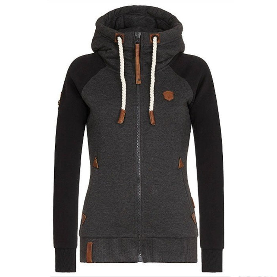 Woman wearing the Effie women's zip-up hoodie, detail view