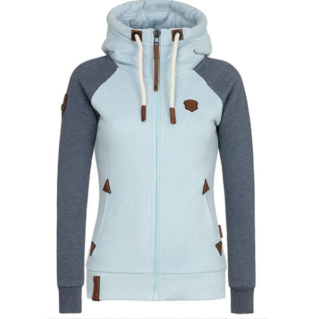 Woman wearing the Effie women's zip-up hoodie, flatlay view