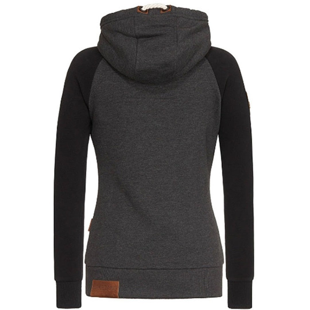 Woman wearing the Effie women's zip-up hoodie, front view