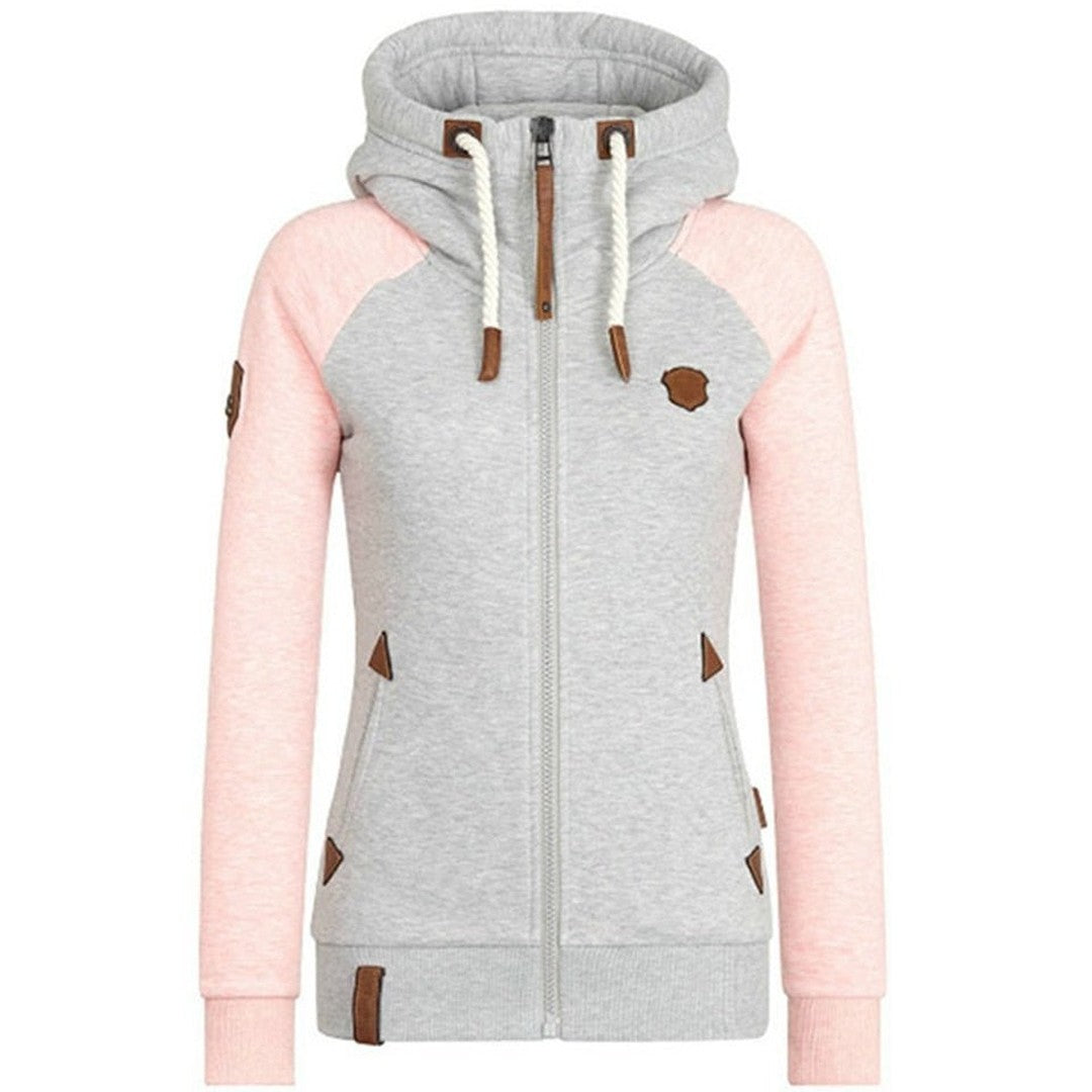Woman wearing the Effie women's zip-up hoodie, model view