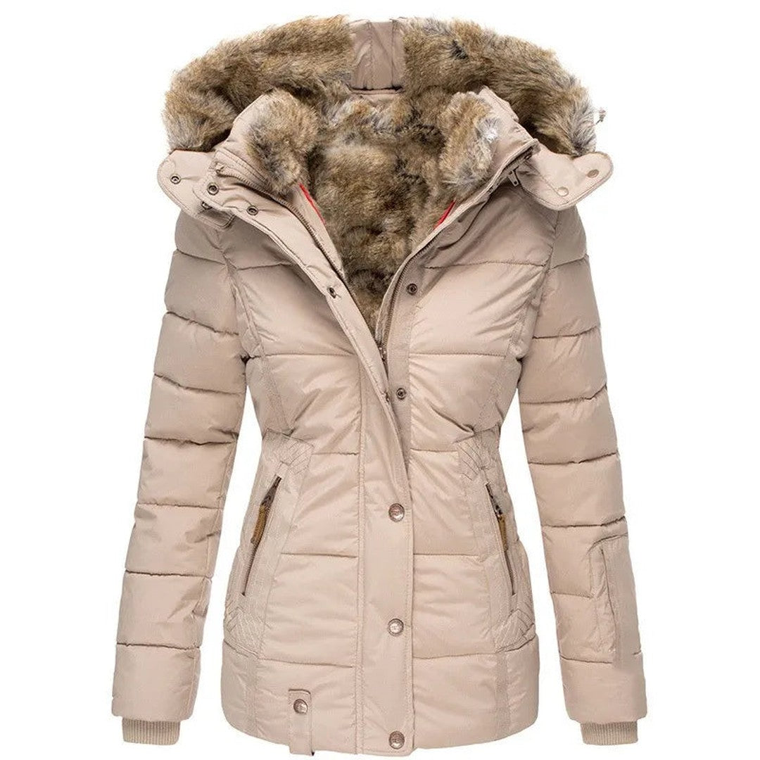 Woman wearing the Elara women's jacket, flatlay view
