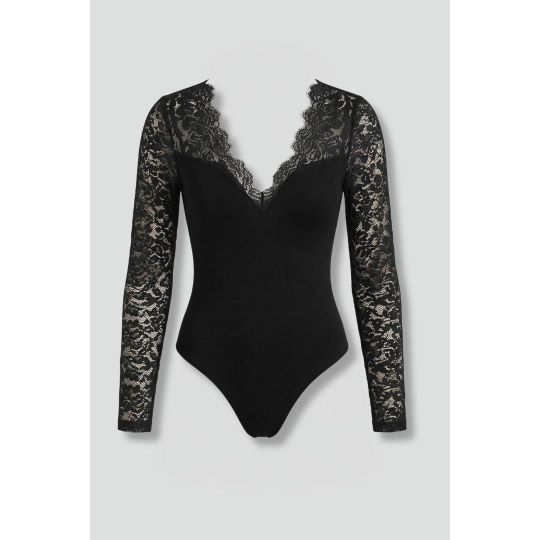 Woman wearing the Eleanora women's lace blouse, front view