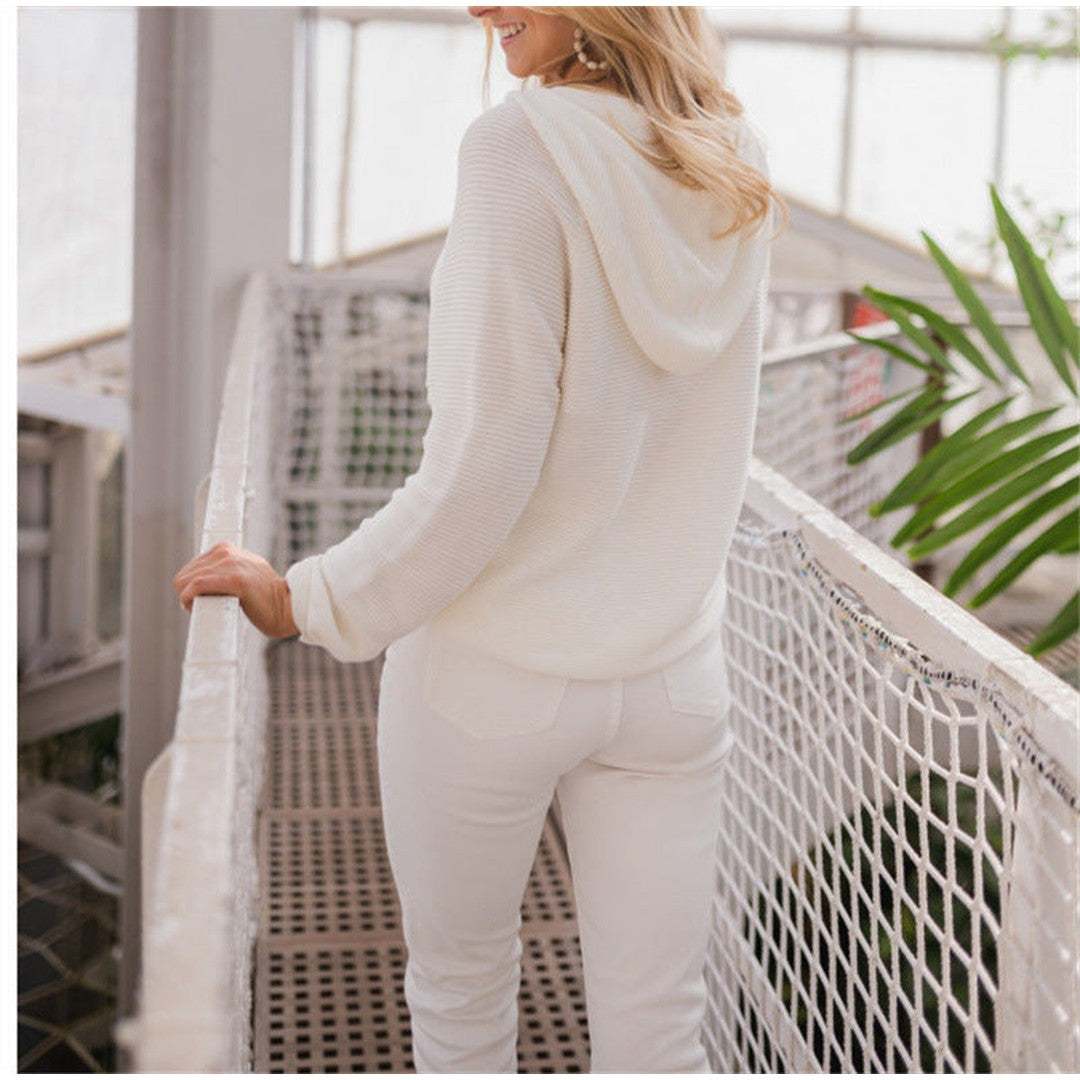 Woman wearing the Elena women's cropped hooded hoodie, detail view