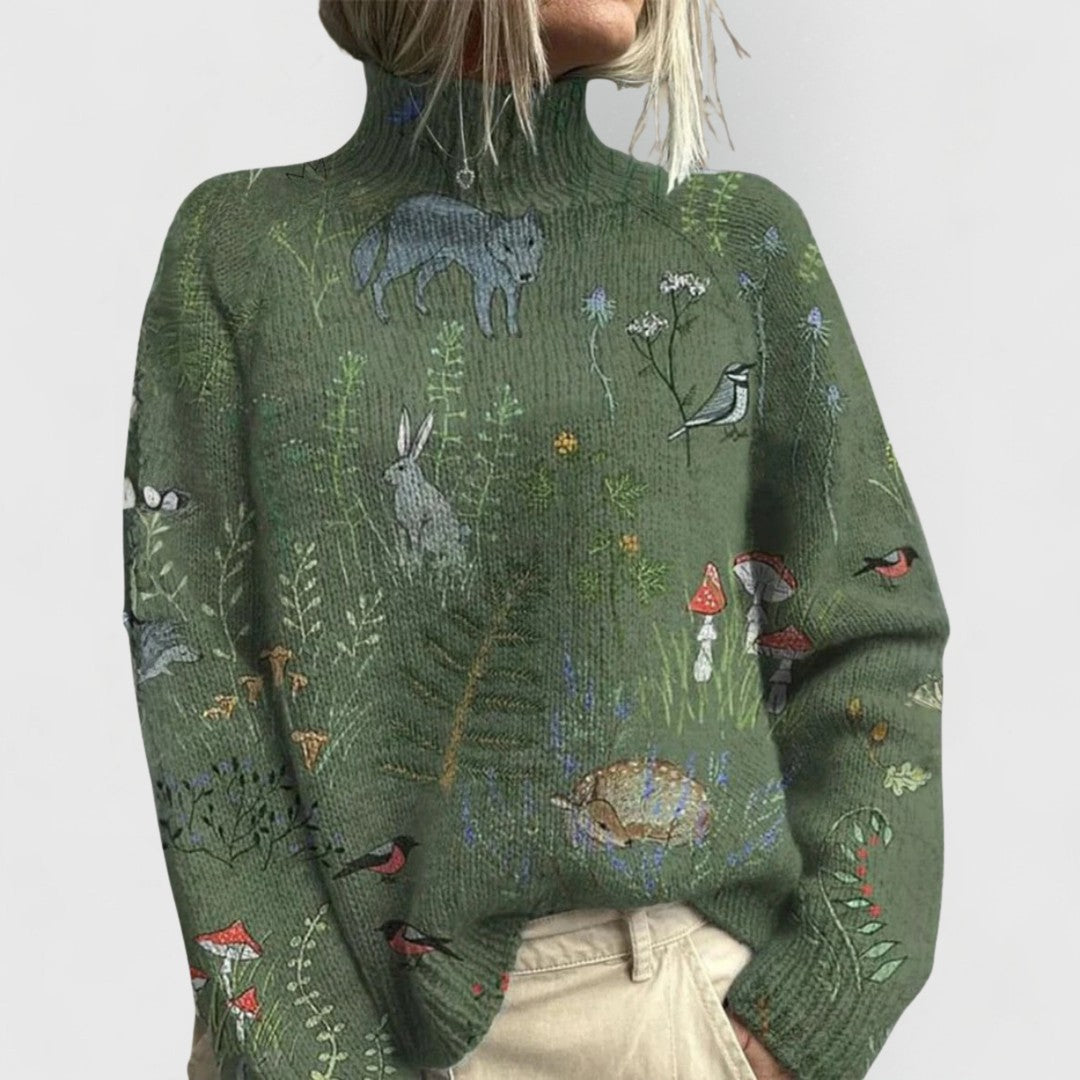 Woman wearing the Eliana women's elegant sweater, back view