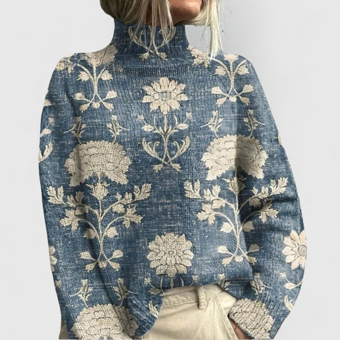 Woman wearing the Eliana women's elegant sweater, front view