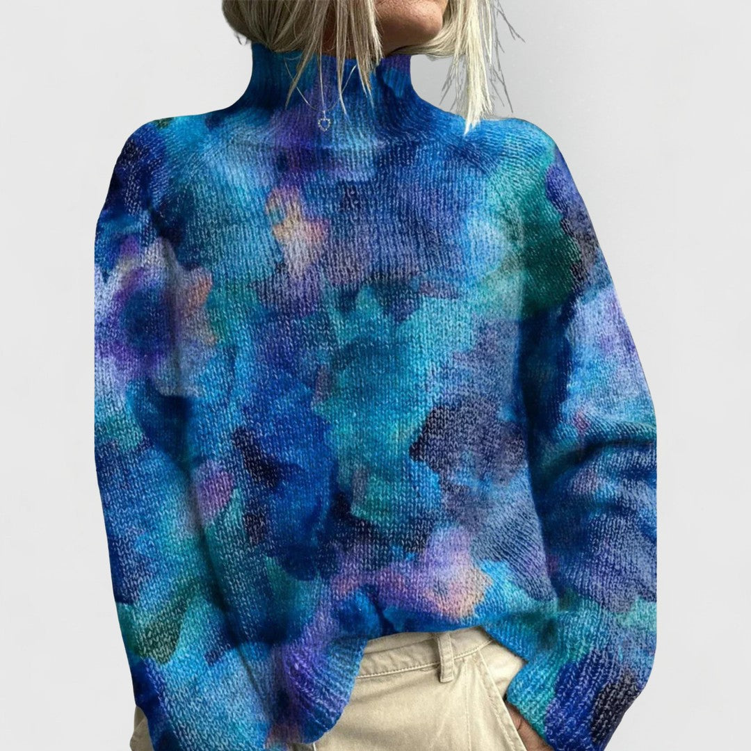 Woman wearing the Eliana women's elegant sweater, side view
