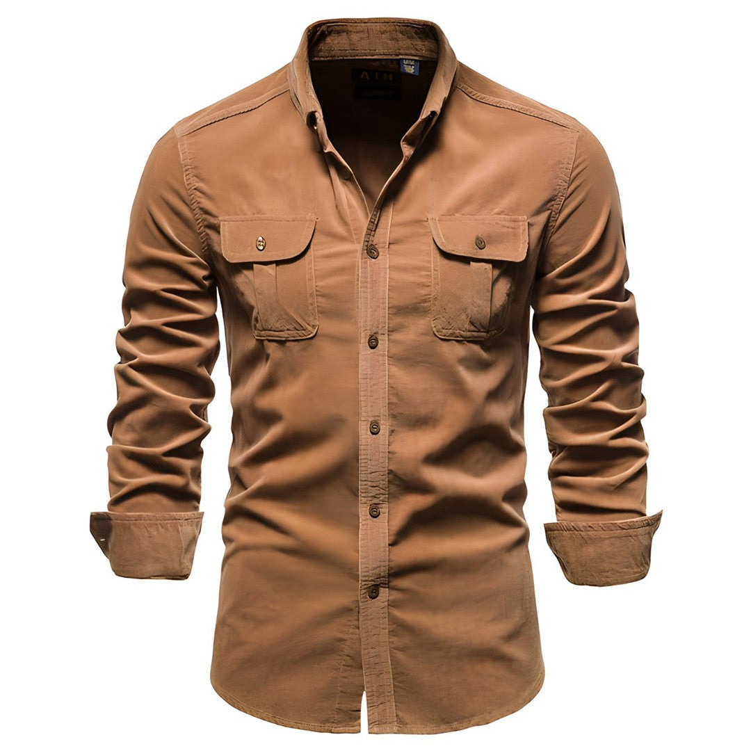 Man wearing the Elias men's casual shirt, back view