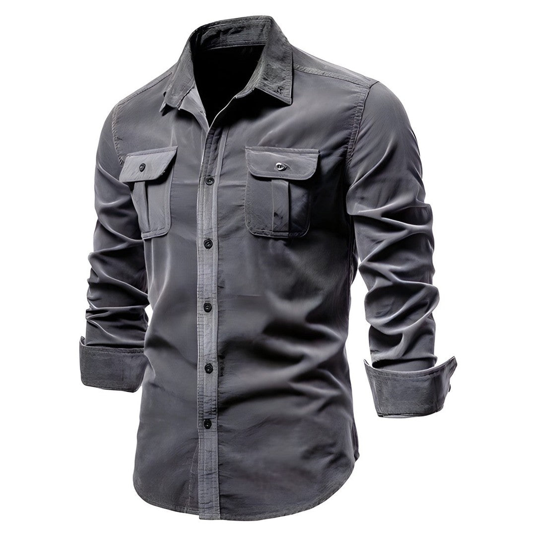 Man wearing the Elias men's casual shirt, flatlay view