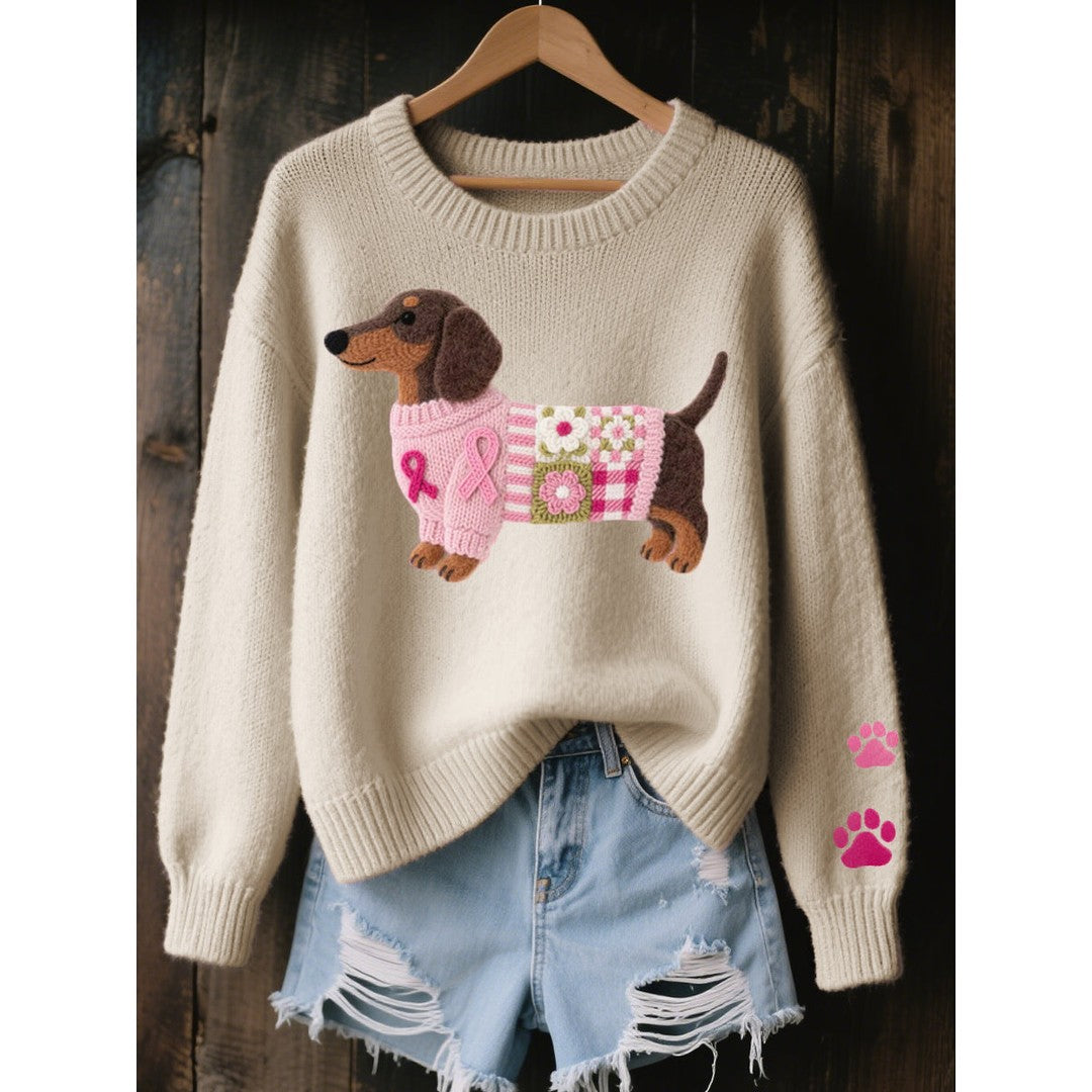 Woman wearing the Elin women's printed sweater, flatlay view