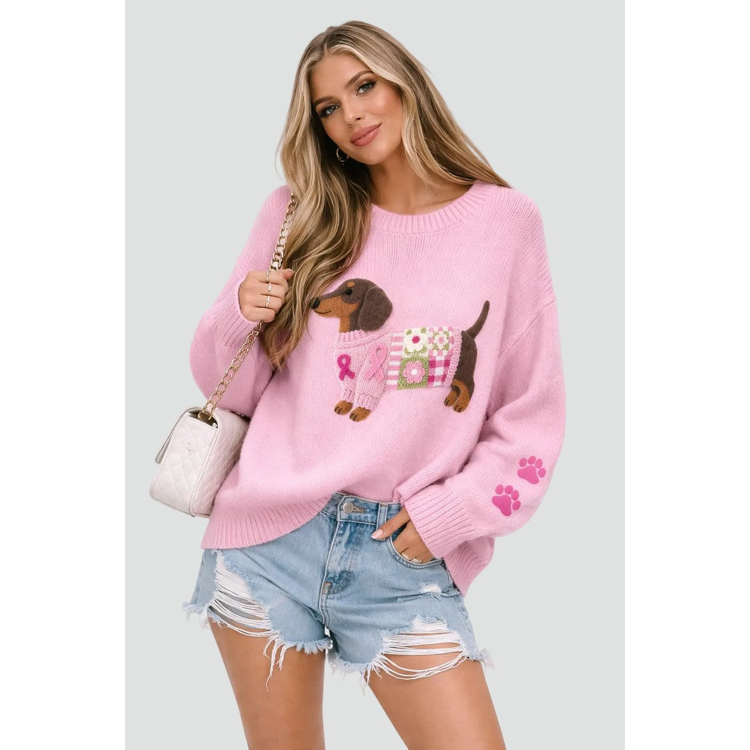 Woman wearing the Elin women's printed sweater, front view