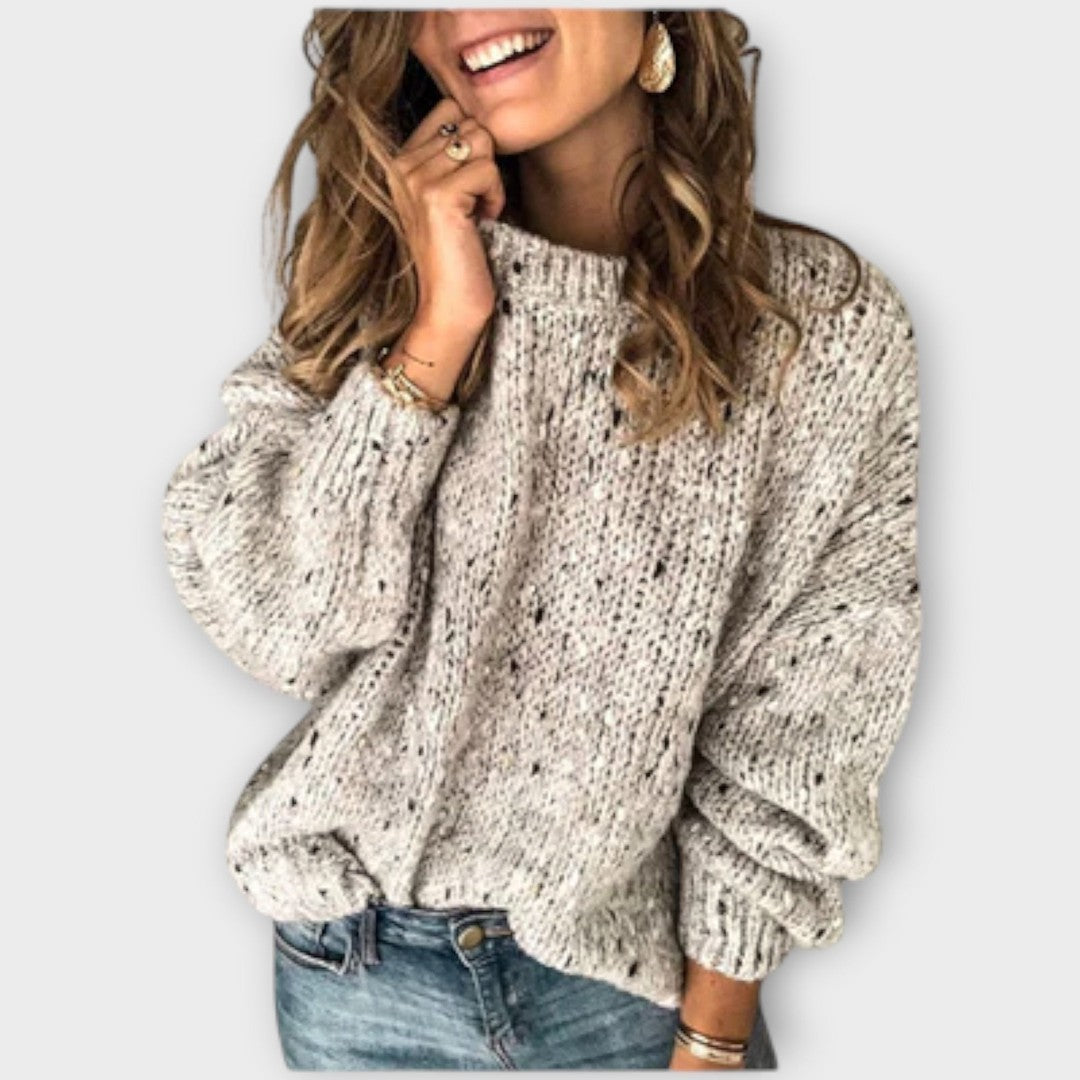 Woman wearing the Ella women's sweater, front view
