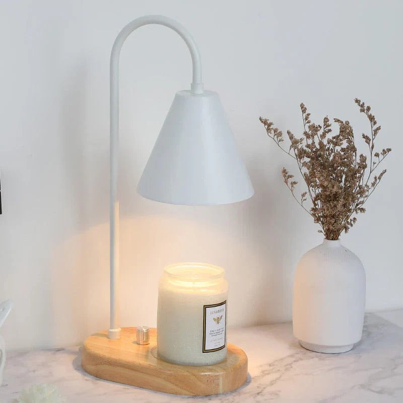Candle warmer lamp with a wooden base and metal shade - product photo 1