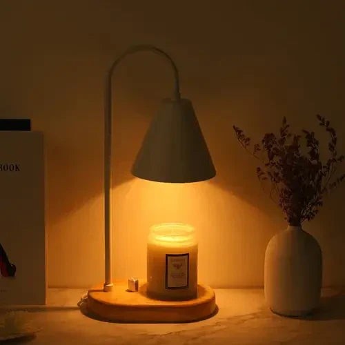 Candle warmer lamp with a wooden base and metal shade - product photo 2