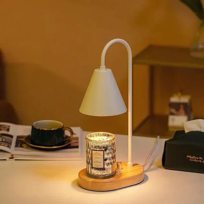 Candle warmer lamp with a wooden base and metal shade - product photo 3