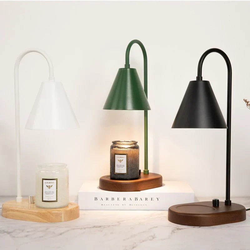 Candle warmer lamp with a wooden base and metal shade - product photo 4