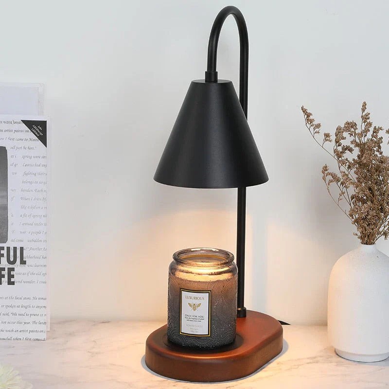 Candle warmer lamp with a wooden base and metal shade - product photo 5