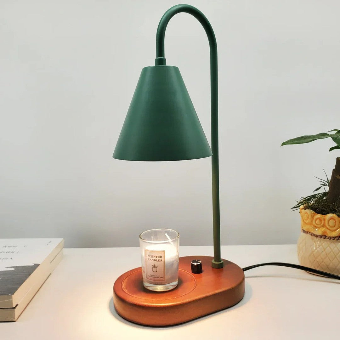 Candle warmer lamp with a wooden base and metal shade - product photo 6