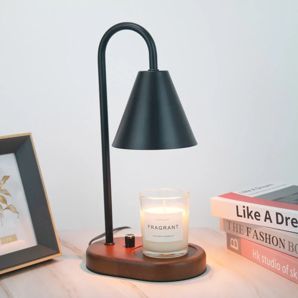 Candle warmer lamp with a wooden base and metal shade - product photo 9