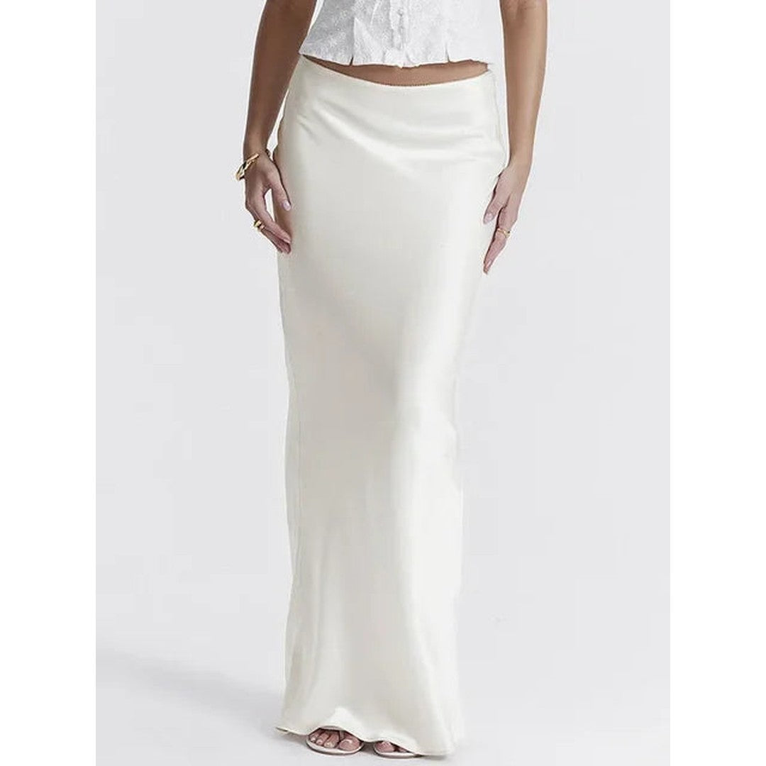 Woman wearing the Eloise women's maxi satin elegant skirt, flatlay view