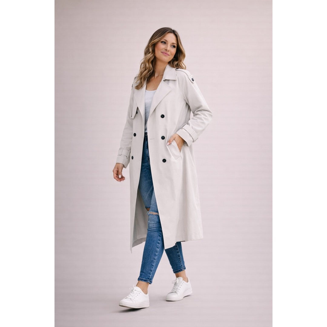 Woman wearing the Elsa women's casual polyester elegant trench coat in beige, 9 view