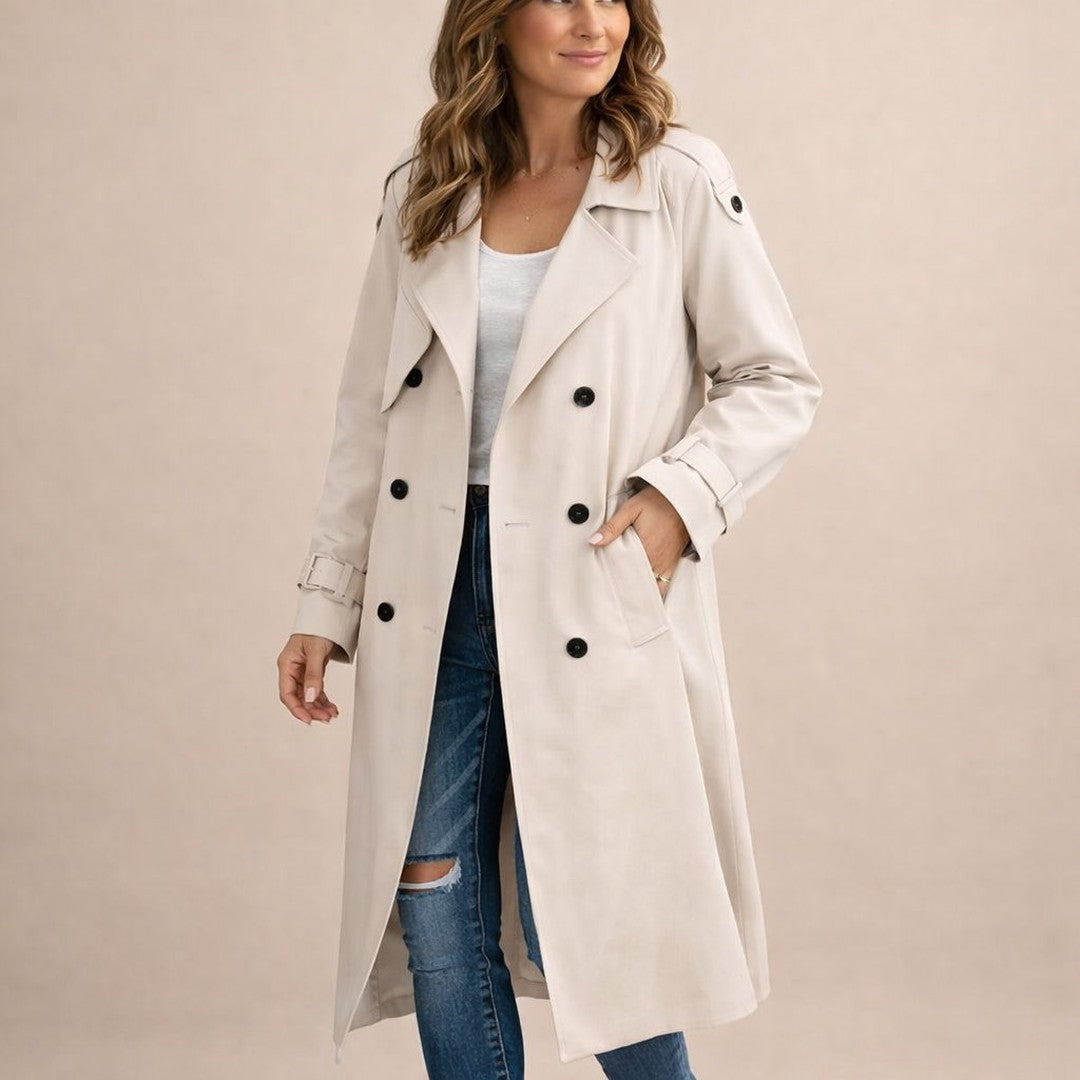 Woman wearing the Elsa women's casual polyester elegant trench coat in beige, back view