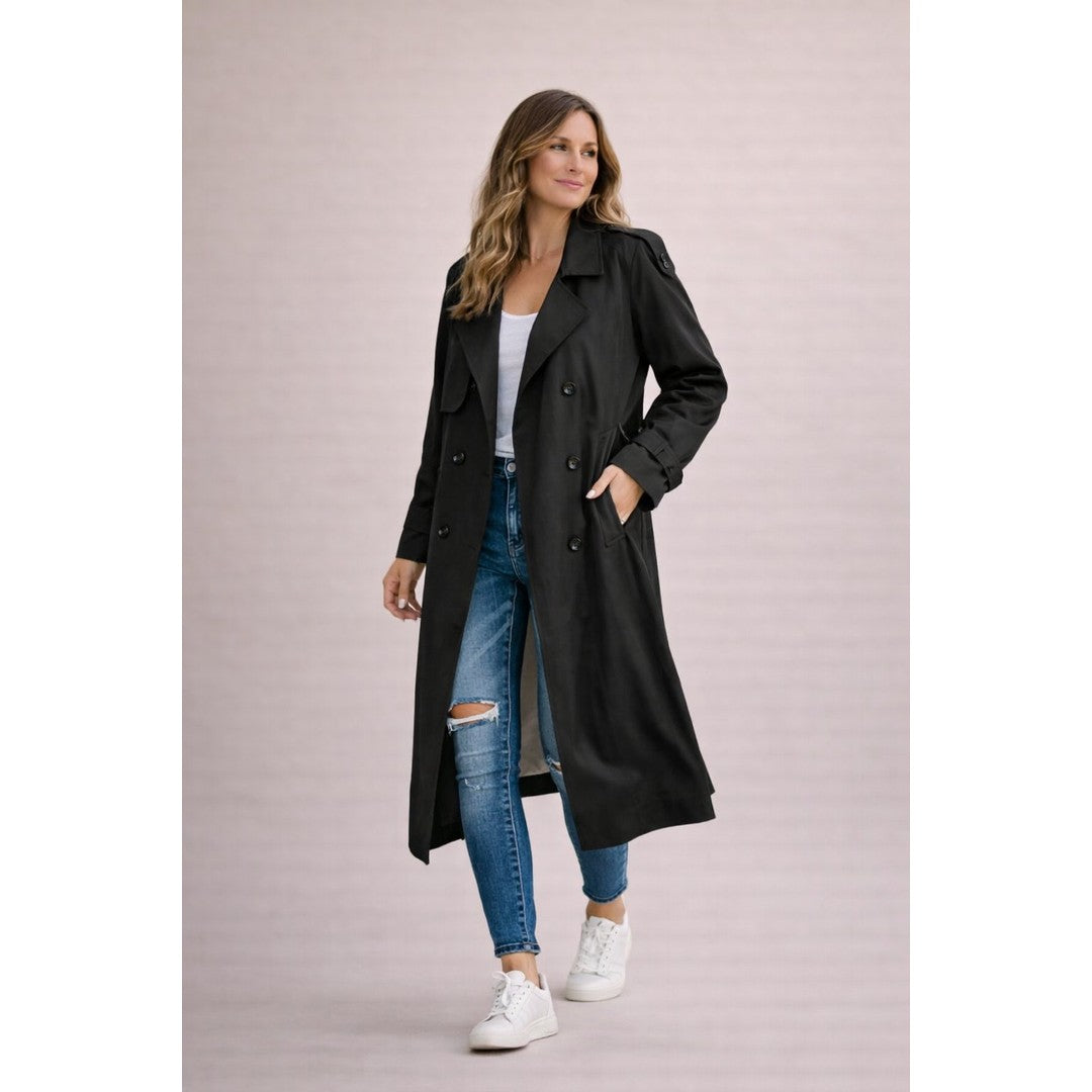 Woman wearing the Elsa women's casual polyester elegant trench coat in beige, detail view
