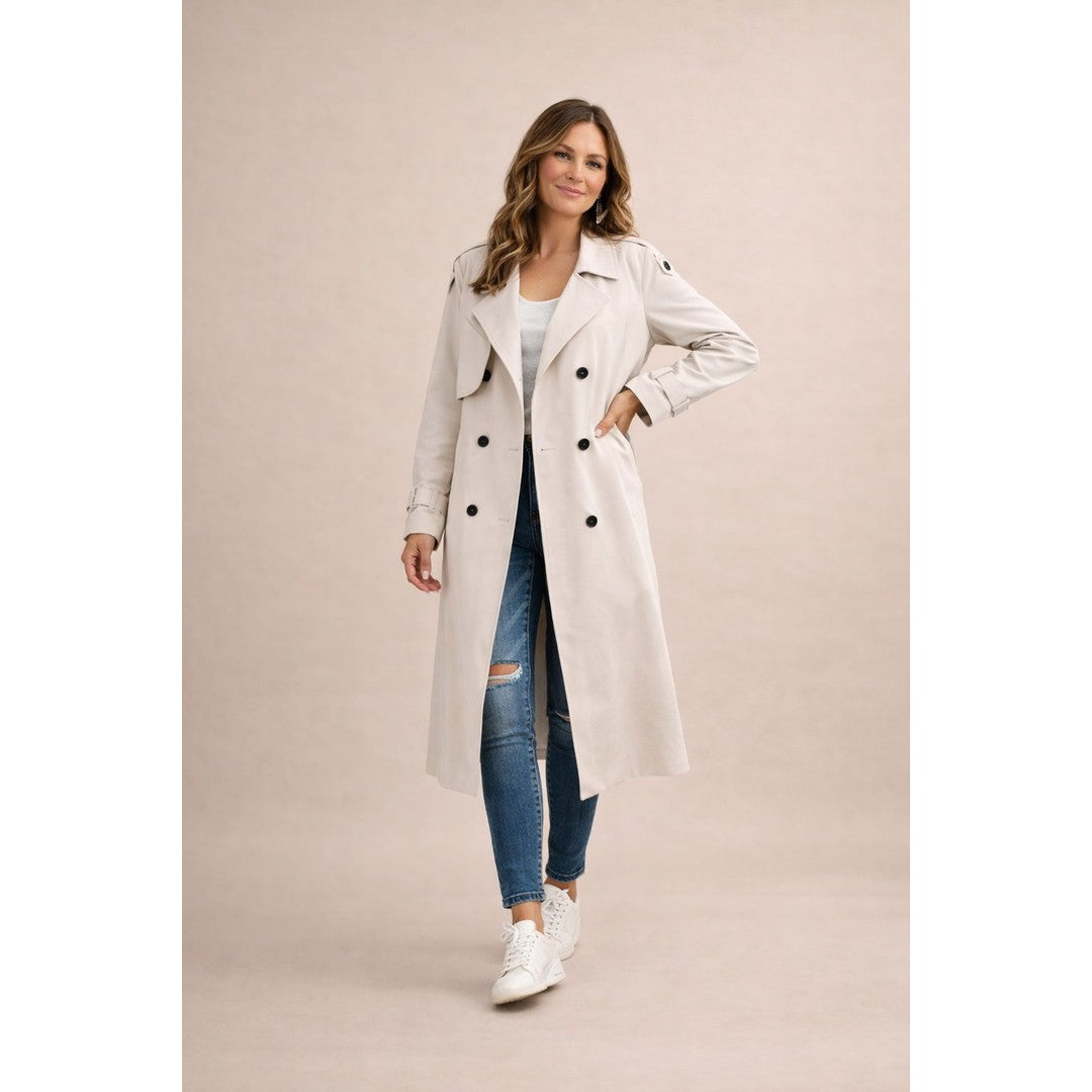Woman wearing the Elsa women's casual polyester elegant trench coat in beige, front view
