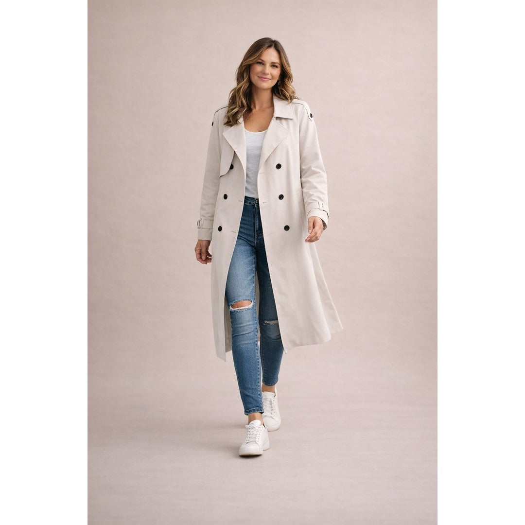 Woman wearing the Elsa women's casual polyester elegant trench coat in beige, side view